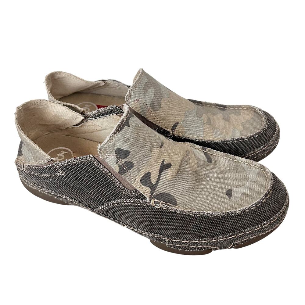 Tony Lama Camo Canvas Slip-On Loafers in Tan and Dark Brown
